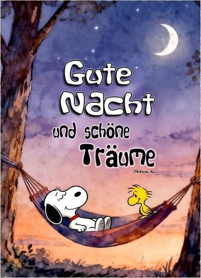 Snoopy und Woodstock in der Hängematte wünschen gute Nacht und schöne Träume